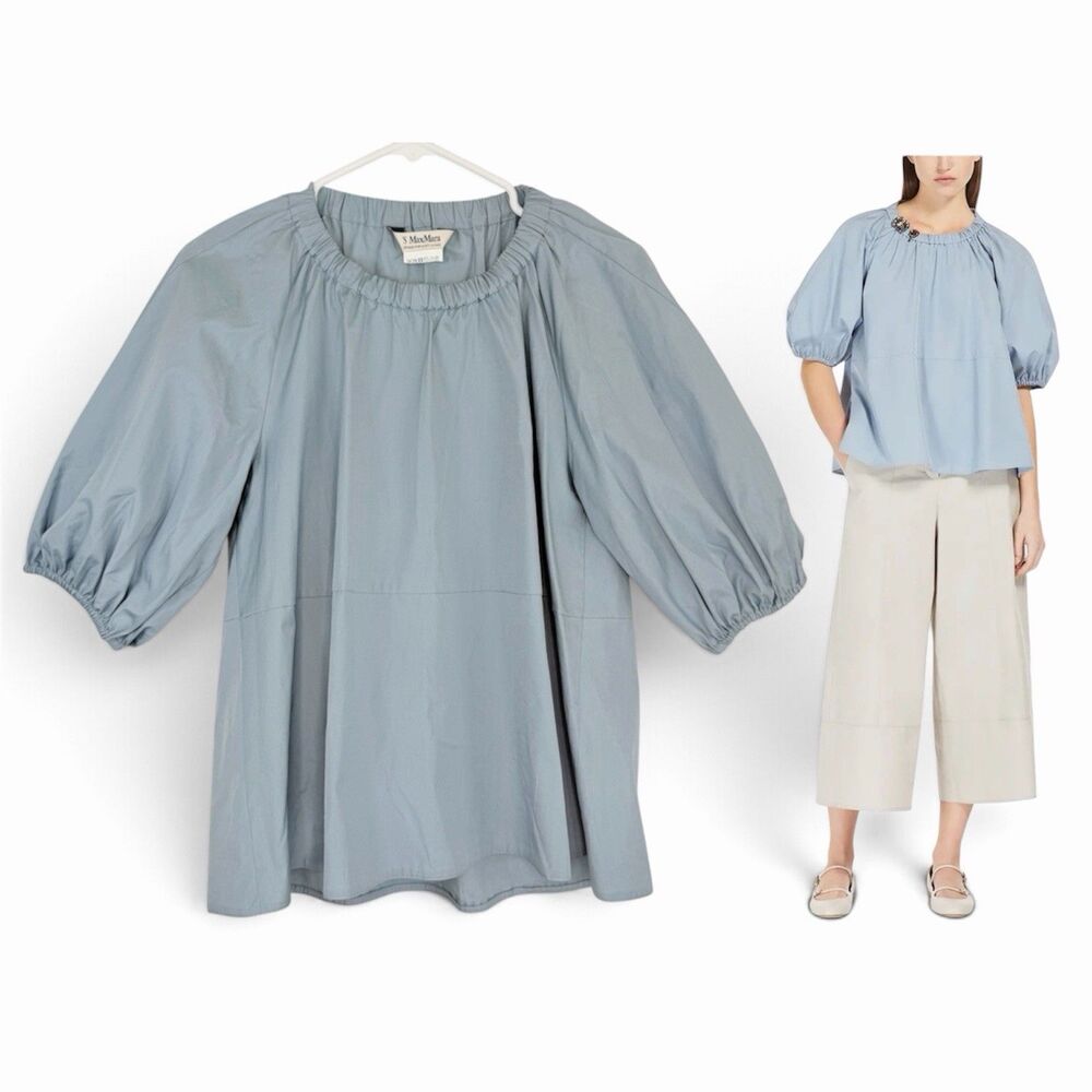 S Max Mara Tatiana Peasant Blouse Approx Size US 4 Blue Puff Sleeve - NO BROOCH